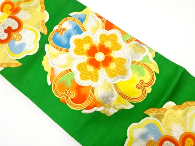 JAPANESE KIMONO / ANTIQUE FUKURO OBI / SILK / WOVEN FLORAL CREST